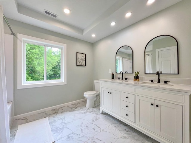 101 N Rd, Westfield, MA 01085 - full bathroom featuring marble look tiles, recessed lighting, double vanity, and a raised ceiling