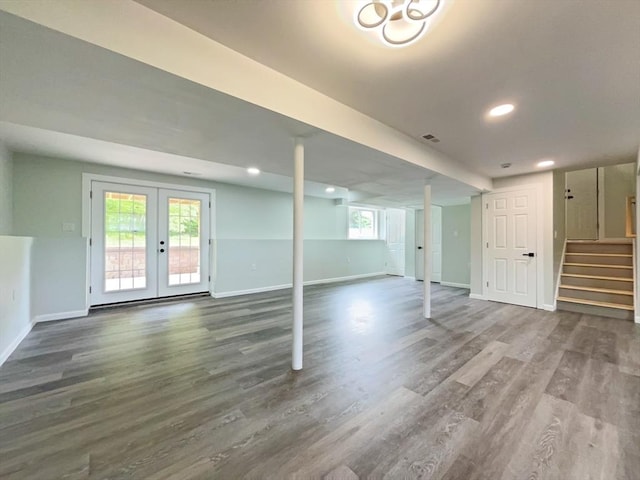 101 N Rd, Westfield, MA 01085 - below grade area featuring wood finished floors, stairs, french doors, and recessed lighting