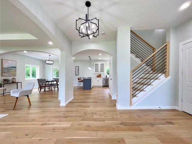 101 N Rd, Westfield, MA 01085 - entrance foyer featuring a chandelier, arched walkways, recessed lighting, light wood-style floors, and stairway