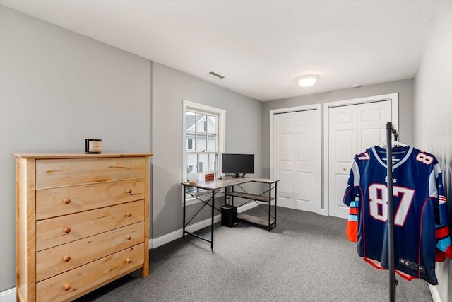 home office with carpet flooring and baseboards