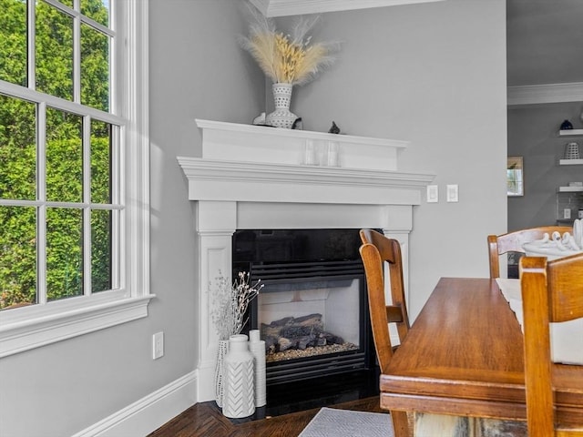 23 Chandler St, Newton, MA 02458 - detailed view of a glass covered fireplace, crown molding, baseboards, and wood finished floors