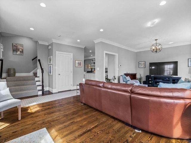23 Chandler St, Newton, MA 02458 - living room with wood finished floors, recessed lighting, stairway, a chandelier, and crown molding