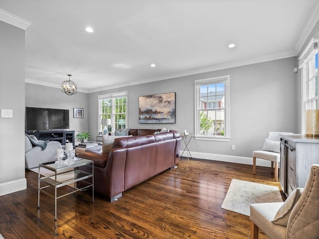 23 Chandler St, Newton, MA 02458 - living area featuring baseboards, ornamental molding, wood finished floors, a chandelier, and recessed lighting
