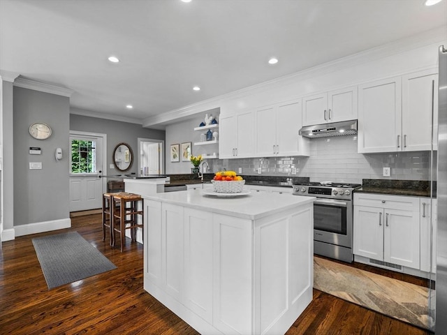 23 Chandler St, Newton, MA 02458 - kitchen with stainless steel gas stove, under cabinet range hood, ornamental molding, open shelves, and backsplash