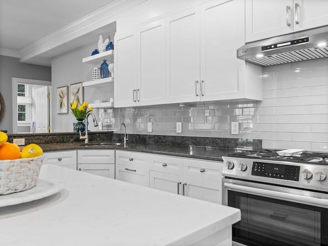 23 Chandler St, Newton, MA 02458 - kitchen with gas range, under cabinet range hood, open shelves, white cabinetry, and crown molding