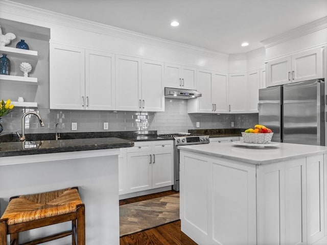 23 Chandler St, Newton, MA 02458 - kitchen with appliances with stainless steel finishes, under cabinet range hood, white cabinetry, open shelves, and dark wood-style flooring