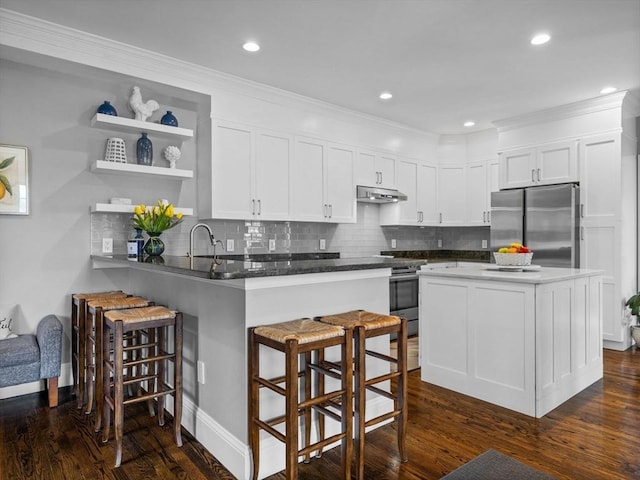 23 Chandler St, Newton, MA 02458 - kitchen with appliances with stainless steel finishes, under cabinet range hood, a peninsula, white cabinets, and dark wood-type flooring