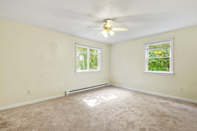 carpeted spare room featuring ceiling fan, baseboards, and a baseboard radiator