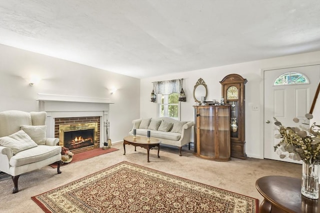 living room featuring carpet and a fireplace