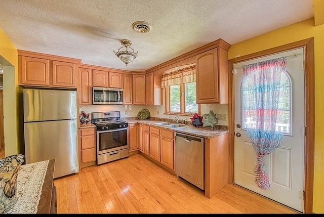 kitchen featuring a textured ceiling, a sink, visible vents, light wood-style floors, and appliances with stainless steel finishes