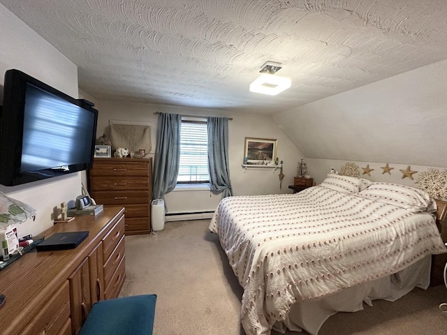 bedroom featuring light carpet, a textured ceiling, a baseboard heating unit, and vaulted ceiling