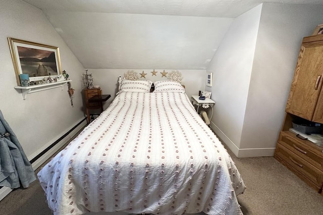 carpeted bedroom with baseboards, baseboard heating, and vaulted ceiling