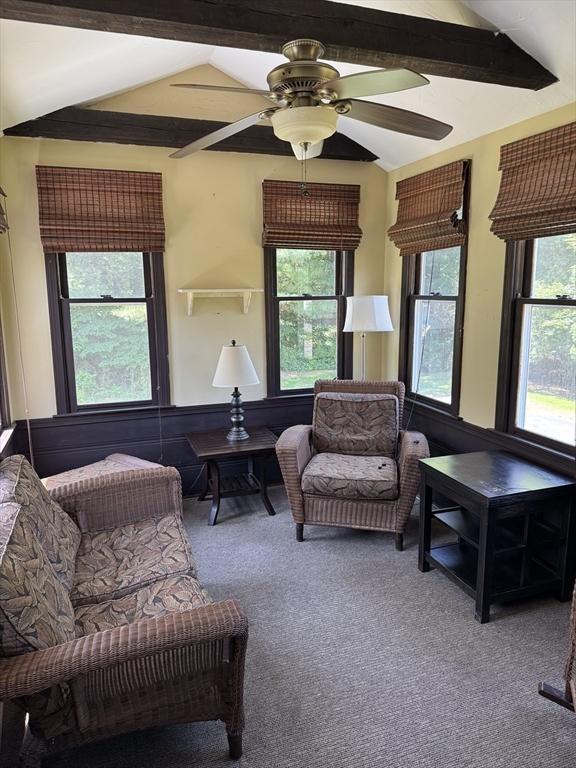 69 Hickory Dr, Raynham, MA 02767 - carpeted living area with a ceiling fan and beam ceiling