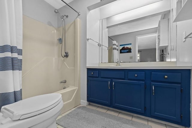 bathroom featuring tile patterned flooring, toilet, vanity, and shower / tub combo with curtain