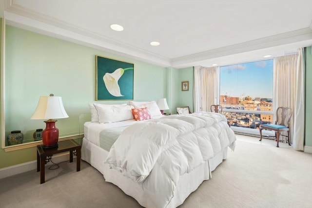 carpeted bedroom with crown molding