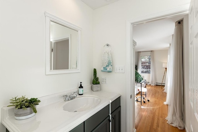 bathroom featuring vanity, wood-type flooring, and a baseboard heating unit