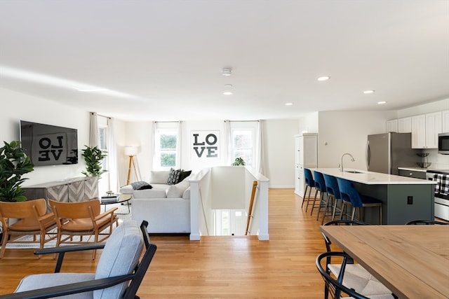 living room featuring sink and light hardwood / wood-style flooring