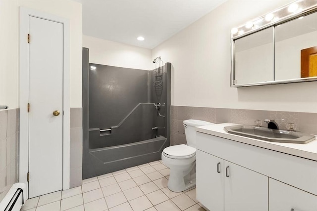 full bath featuring tile patterned flooring, bathing tub / shower combination, toilet, tile walls, and a baseboard heating unit