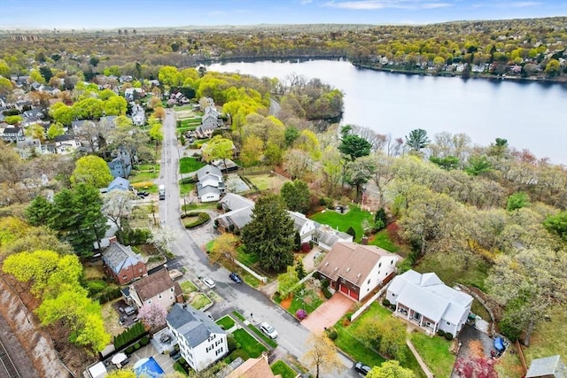 aerial view with a water view and a residential view