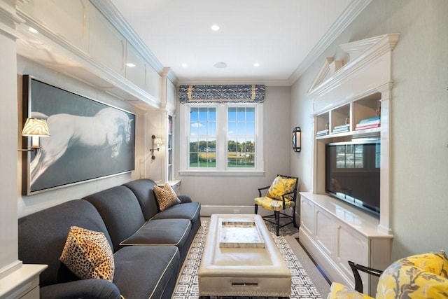living area featuring ornamental molding, baseboards, and recessed lighting