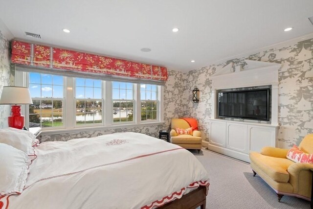 bedroom featuring carpet floors, visible vents, wallpapered walls, and recessed lighting