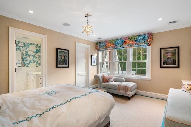bedroom with baseboards, carpet flooring, visible vents, and crown molding