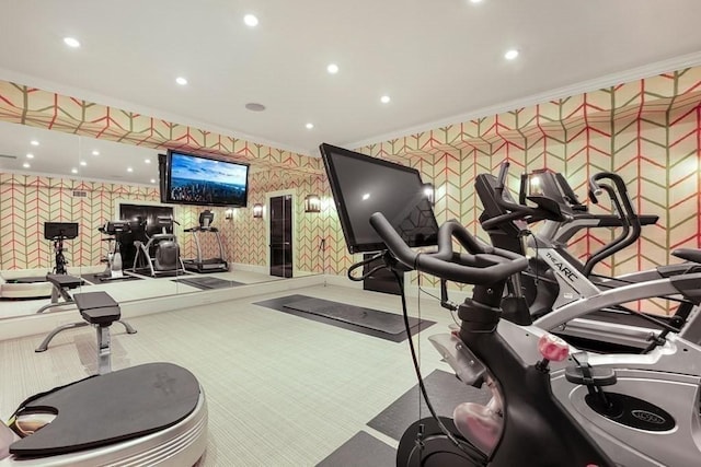 workout area with crown molding, recessed lighting, carpet flooring, baseboards, and wallpapered walls