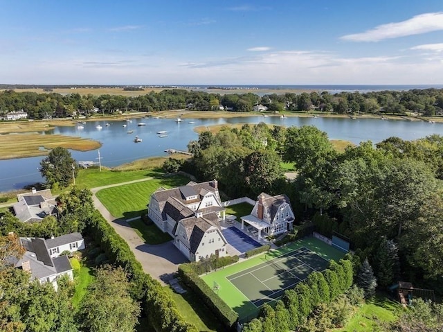 birds eye view of property featuring a water view