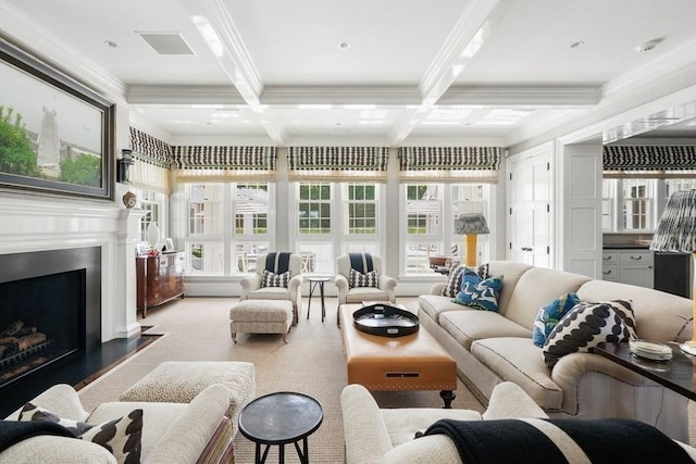 living room featuring plenty of natural light, ornamental molding, beam ceiling, and coffered ceiling