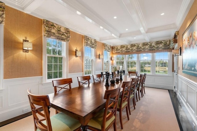 dining room with wood finished floors, beam ceiling, coffered ceiling, and wainscoting