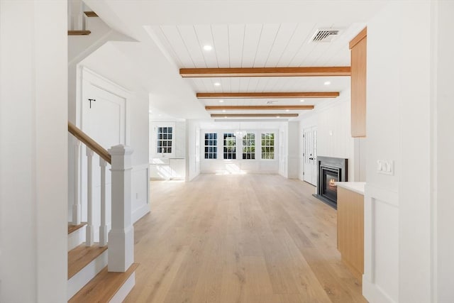 6 Mariner Way, Nantucket, MA 02564 - hall with visible vents, stairway, beamed ceiling, light wood finished floors, and recessed lighting