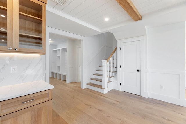 6 Mariner Way, Nantucket, MA 02564 - interior space featuring a decorative wall, wood finished floors, beamed ceiling, recessed lighting, and wood ceiling