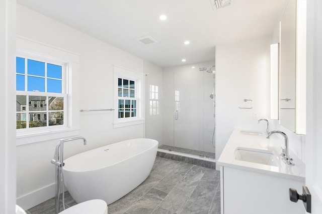 6 Mariner Way, Nantucket, MA 02564 - bathroom featuring recessed lighting, a sink, a stall shower, and double vanity