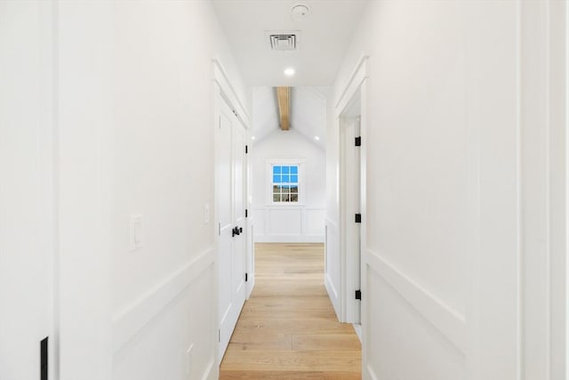 6 Mariner Way, Nantucket, MA 02564 - hallway featuring visible vents, lofted ceiling with beams, and light wood-type flooring