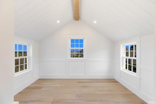 6 Mariner Way, Nantucket, MA 02564 - bonus room with a decorative wall, a wainscoted wall, vaulted ceiling with beams, and light wood-type flooring