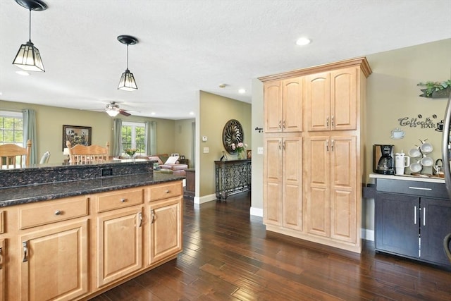 8 Pheasant Run, Belchertown, MA 01007 - kitchen featuring light brown cabinetry, healthy amount of natural light, ceiling fan, decorative light fixtures, and recessed lighting