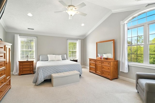 8 Pheasant Run, Belchertown, MA 01007 - bedroom featuring multiple windows, light carpet, ornamental molding, lofted ceiling, and baseboards