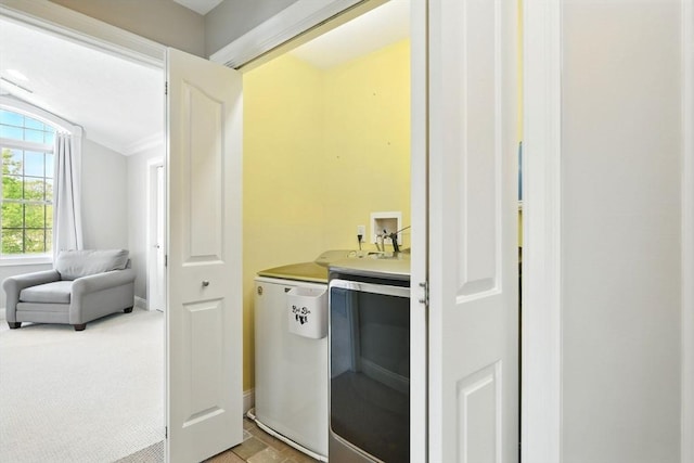 8 Pheasant Run, Belchertown, MA 01007 - laundry room featuring washer hookup, baseboards, crown molding, bar, and light carpet