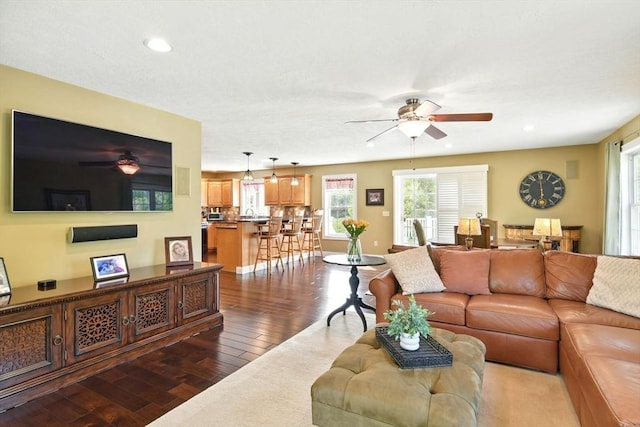 8 Pheasant Run, Belchertown, MA 01007 - living room featuring a ceiling fan, wood finished floors, and recessed lighting