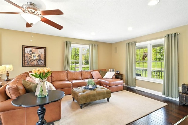8 Pheasant Run, Belchertown, MA 01007 - living area featuring ceiling fan, recessed lighting, dark wood finished floors, and baseboards