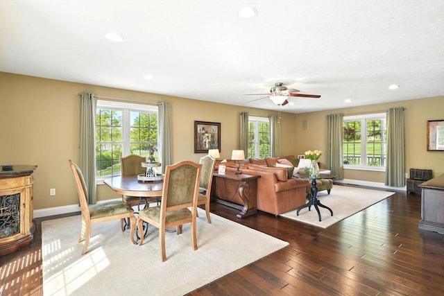8 Pheasant Run, Belchertown, MA 01007 - dining space featuring healthy amount of natural light, a ceiling fan, recessed lighting, dark wood-style floors, and baseboards