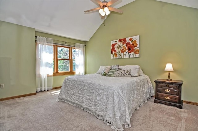 carpeted bedroom featuring baseboards, a ceiling fan, and lofted ceiling