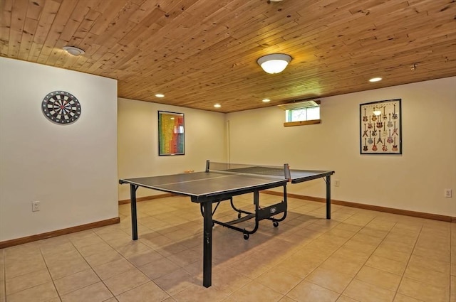 rec room featuring recessed lighting, baseboards, light tile patterned flooring, and wooden ceiling