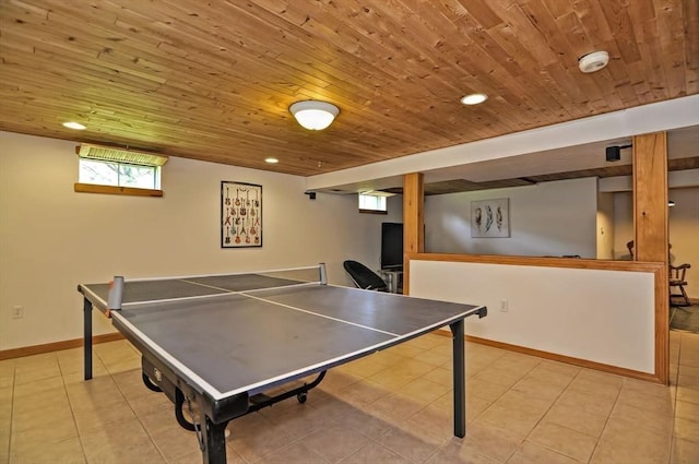 recreation room featuring wooden ceiling, tile patterned floors, baseboards, and recessed lighting