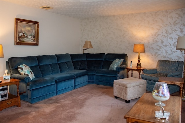 carpeted living room with a textured ceiling