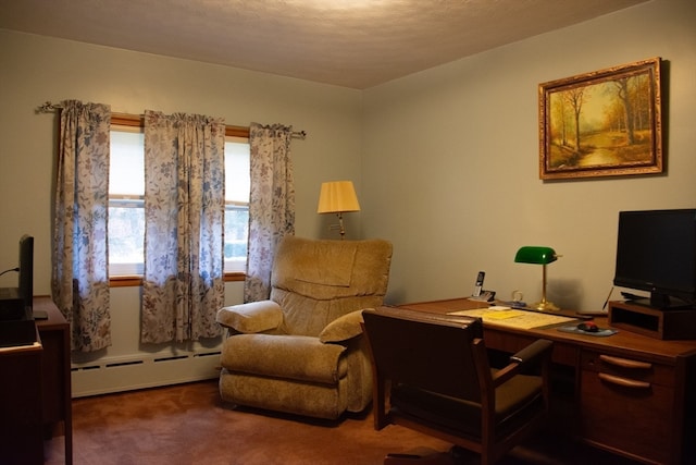 office space with a baseboard radiator, a textured ceiling, and carpet floors