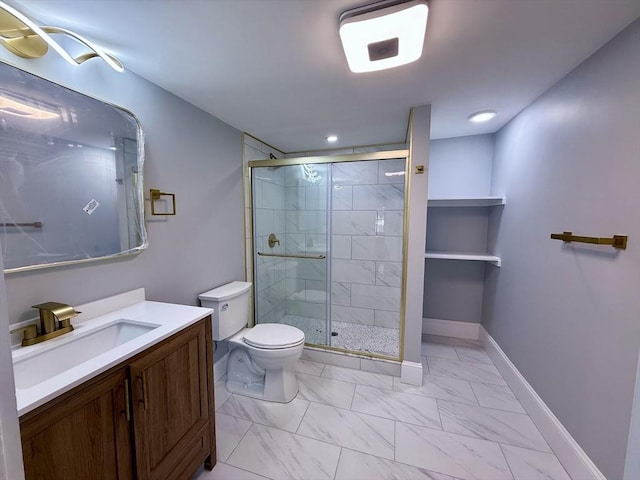 61 Poplar St, Danvers, MA 01923 - full bathroom with toilet, marble finish floors, vanity, a shower stall, and baseboards
