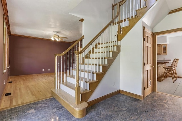 27 Sullivan Blvd, Oxford, MA 01540 - stairway with ceiling fan, baseboards, and crown molding