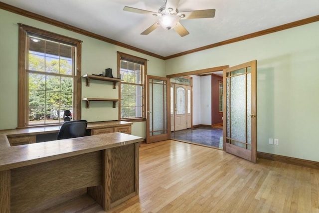 27 Sullivan Blvd, Oxford, MA 01540 - office area with baseboards, light wood-style flooring, french doors, ornamental molding, and ceiling fan