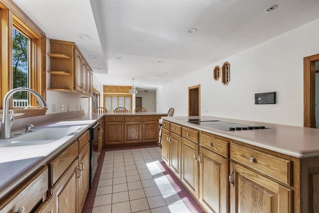 27 Sullivan Blvd, Oxford, MA 01540 - kitchen featuring a sink, black appliances, light tile patterned floors, a peninsula, and open shelves